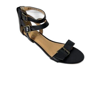 Liendo Anthropologie Black Leather Buckle Ankle Strap Low Wedge Sandals Size 9.5